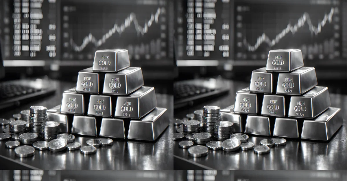 Stacked gold bars and gold coins on a trading desk with a blurred market ticker in the background.