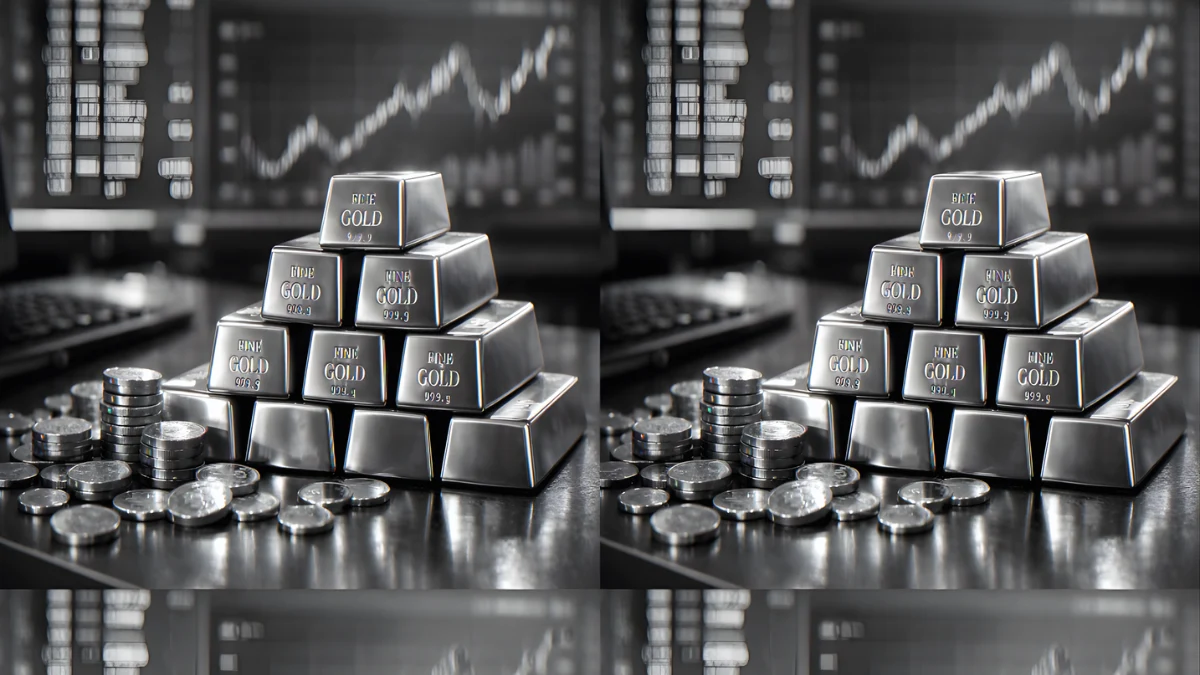 Stacked gold bars and gold coins on a trading desk with a blurred market ticker in the background.
