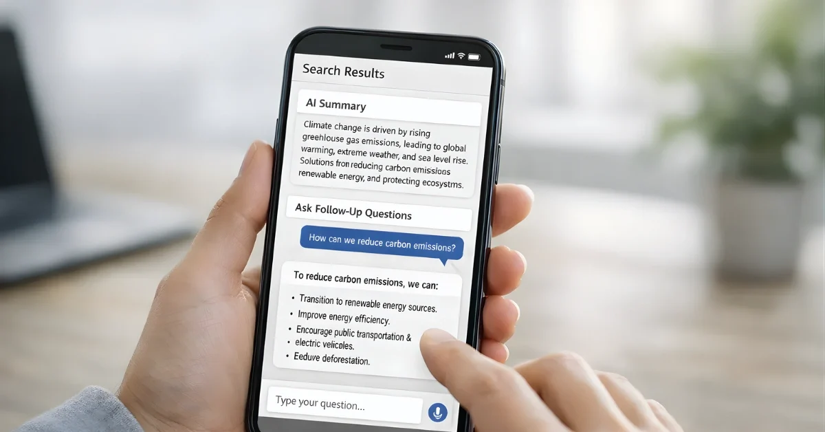 A person holds a smartphone showing a search page with an AI summary and a follow-up chat conversation on the screen.