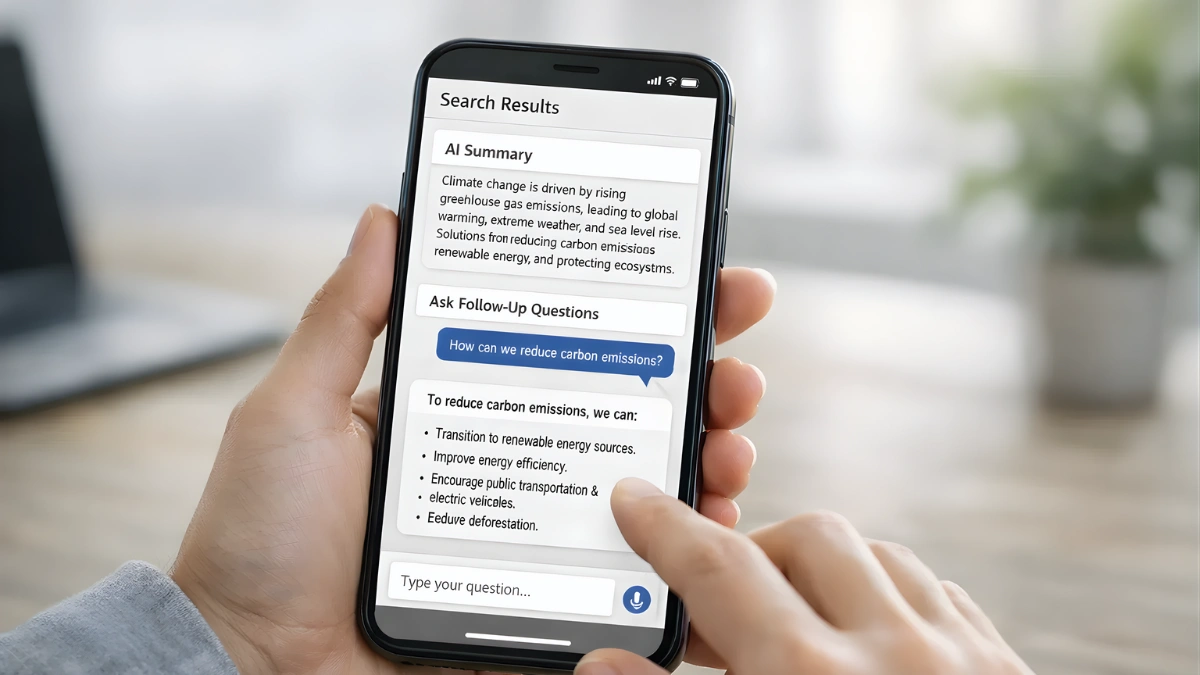 A person holds a smartphone showing a search page with an AI summary and a follow-up chat conversation on the screen.
