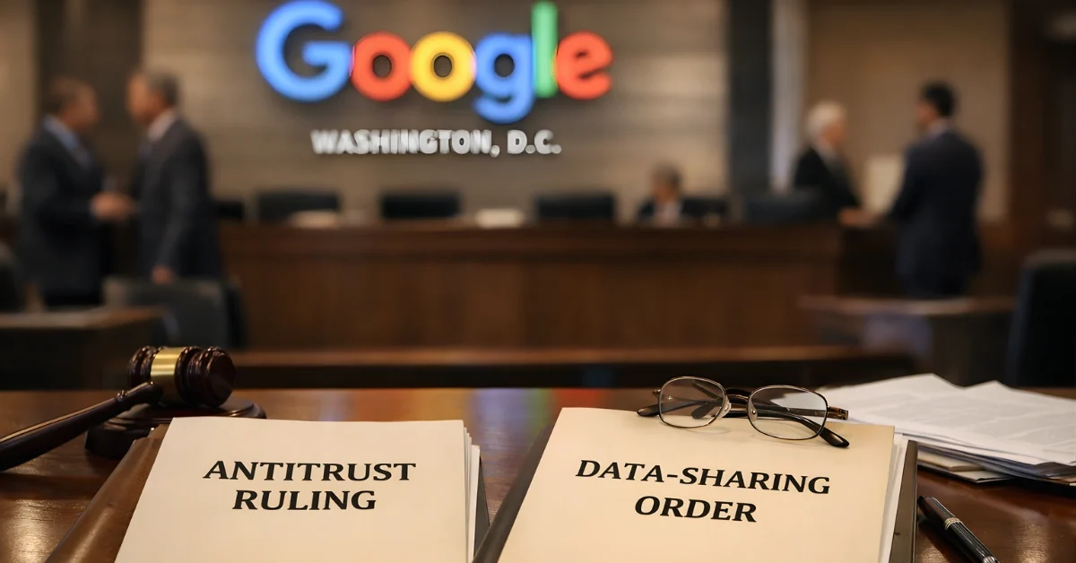 Courtroom-style scene with Google logo and legal documents about an antitrust data-sharing order on a table.