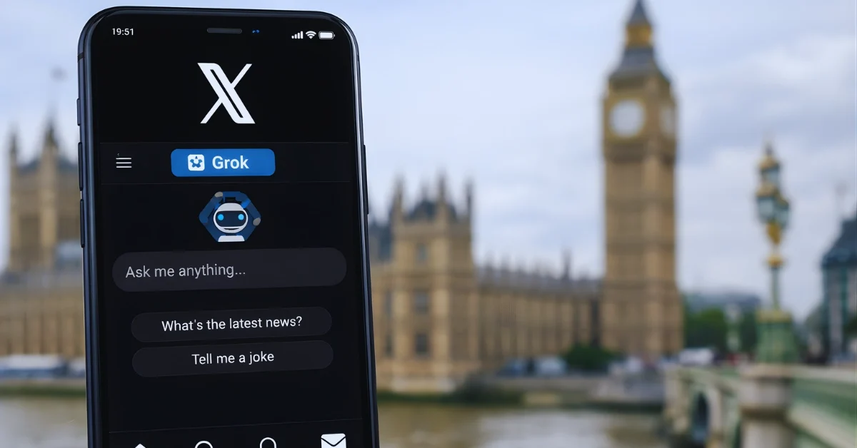 A smartphone showing the X app with a Grok label, with a blurred London government building in the background.