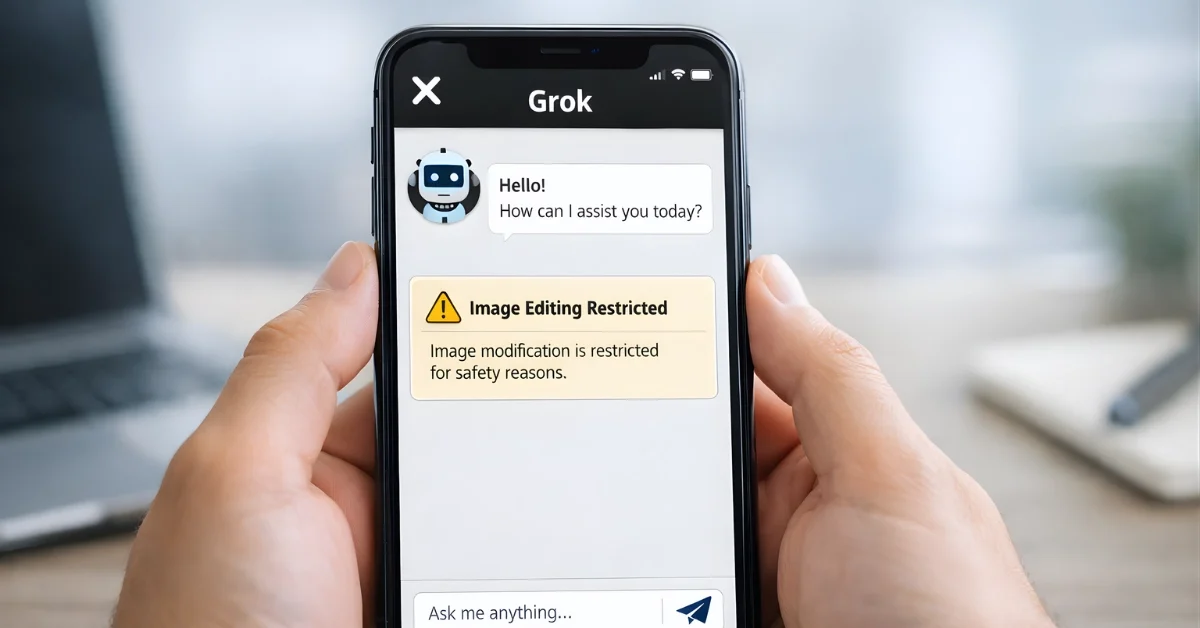 A close-up of a smartphone showing the X app with the Grok chatbot screen and a visible notice indicating image editing is restricted.