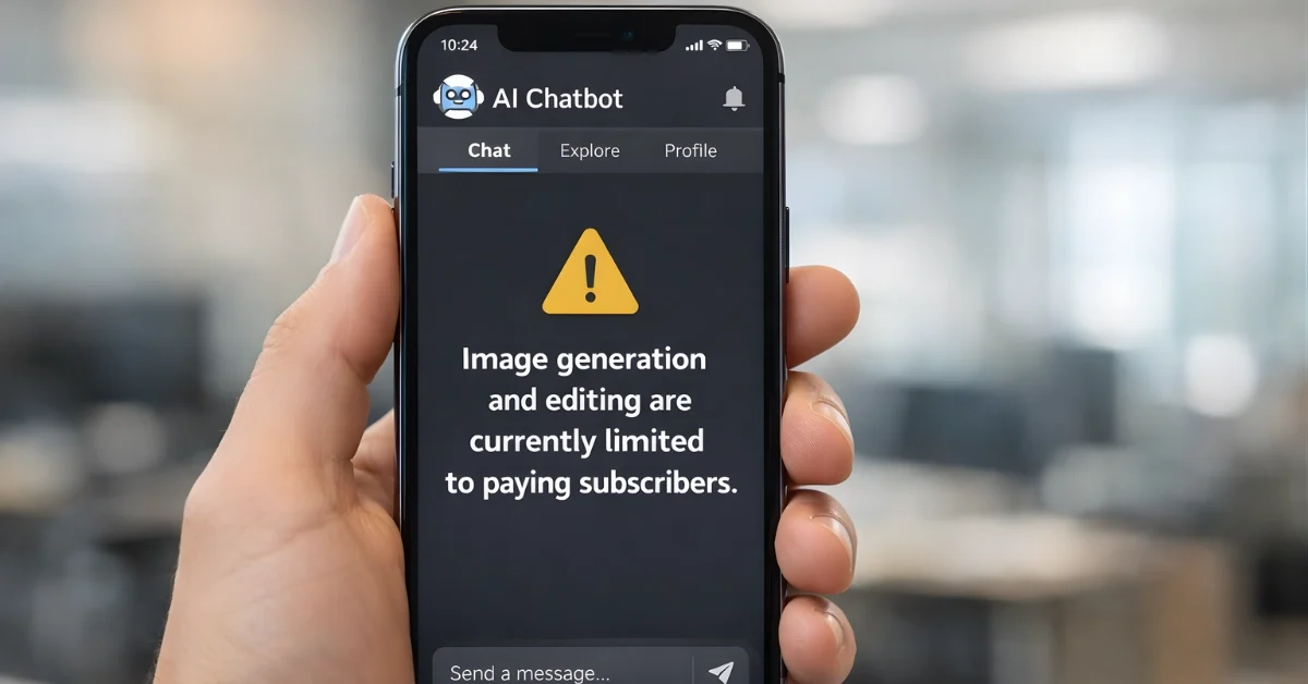 A hand holds a smartphone showing a chatbot screen with a message that image generation and editing are limited to paying subscribers.