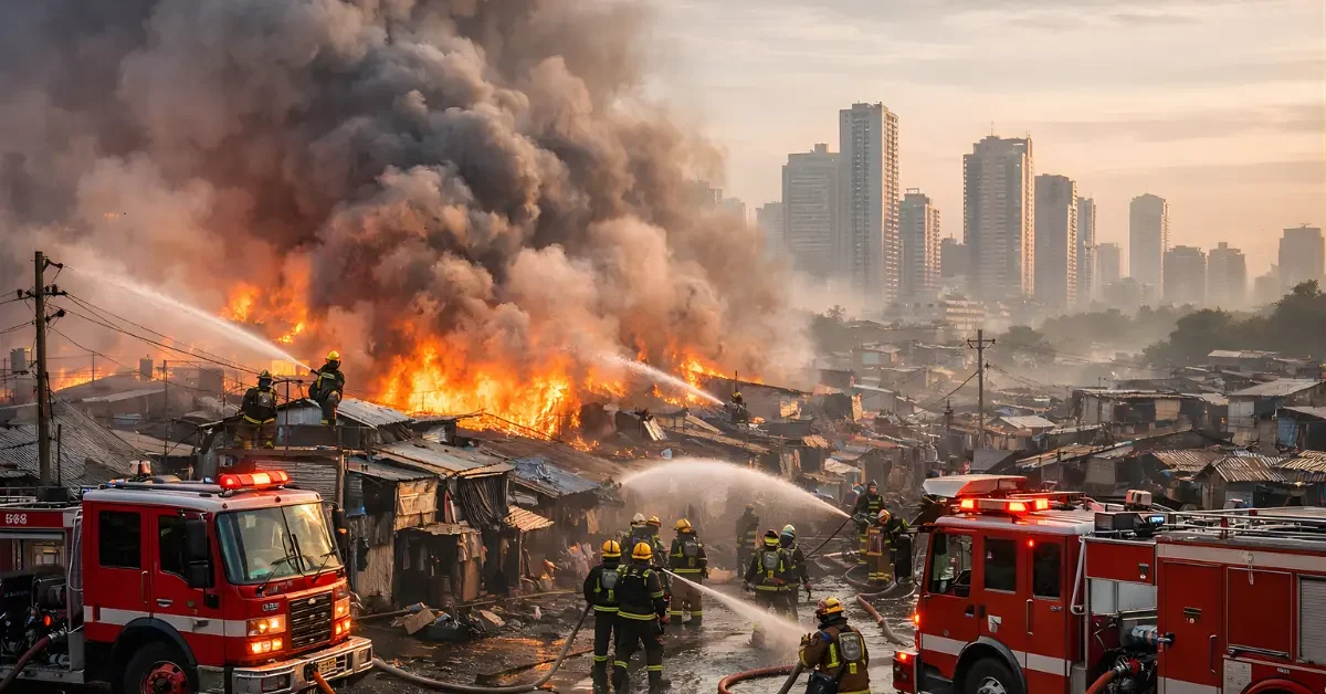 Firefighters and fire engines respond to a large blaze in a dense settlement with heavy smoke rising near high-rise buildings in the distance.