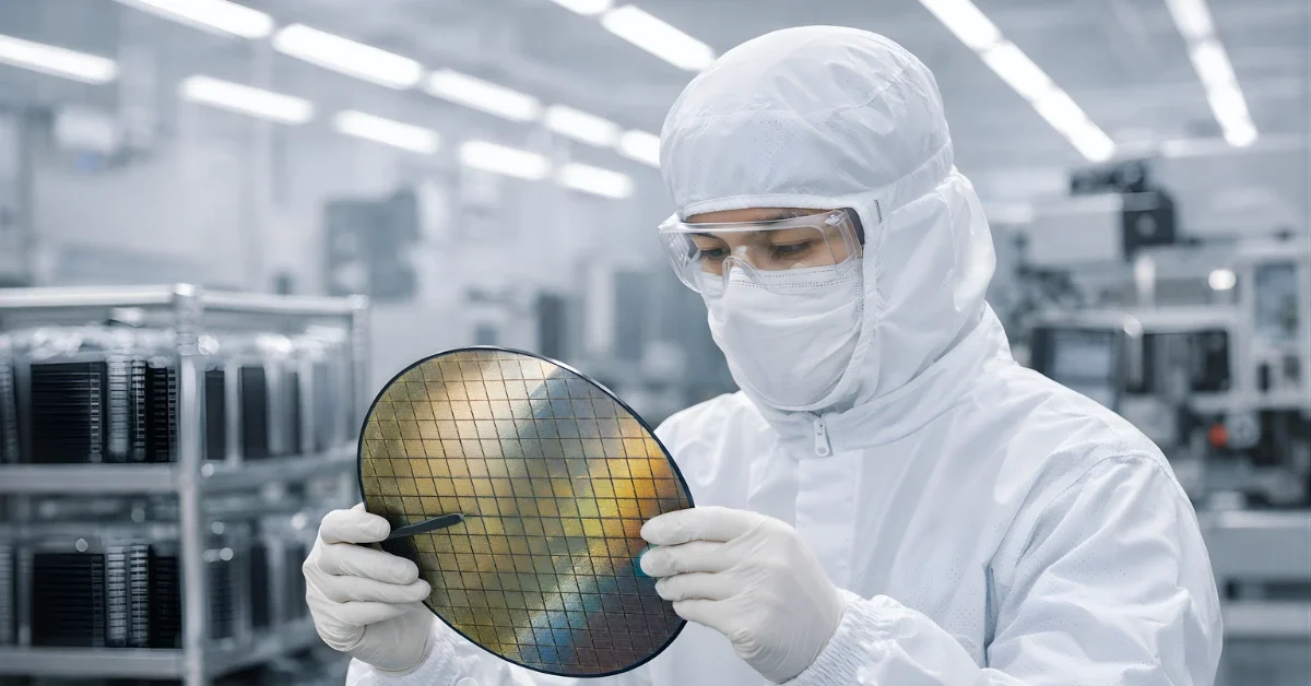 A cleanroom engineer inspects semiconductor wafers inside a modern chip manufacturing facility.