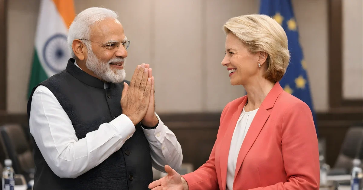 Indian Prime Minister Narendra Modi greets European Commission President Ursula von der Leyen at a formal India–EU summit with Indian and EU flags in the background.