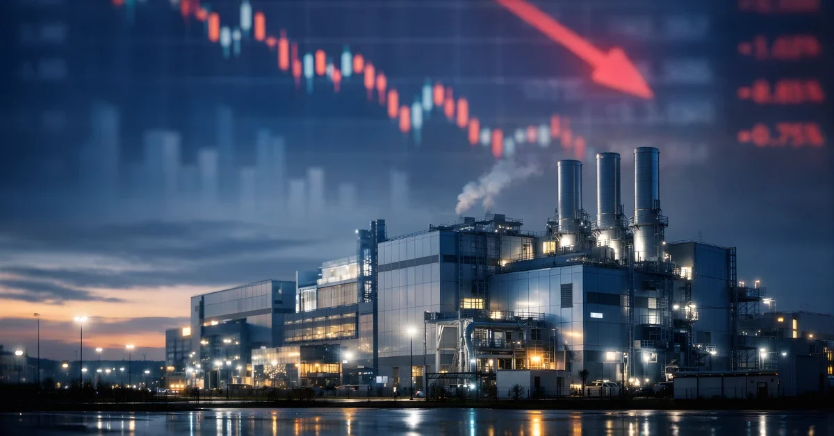 Wide shot of a modern semiconductor factory exterior with a blurred market display in the background suggesting a stock decline.