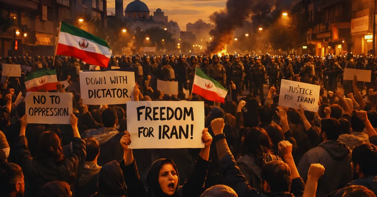 Protesters and security forces in Iran’s streets during widespread demonstrations against economic conditions and government response.