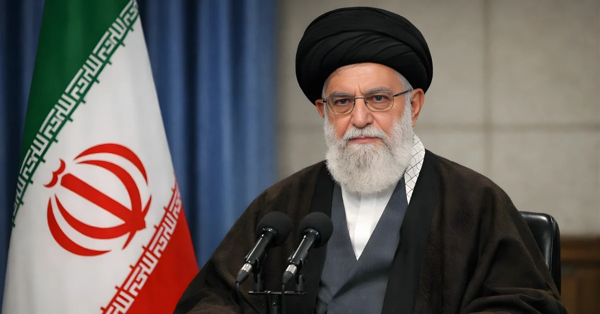 Ayatollah Ali Khamenei speaking at a podium with an Iranian flag in the background.