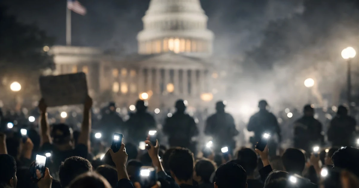 A wide night-time scene of a crowd holding up phone lights during a street protest, with distant security silhouettes in the background.