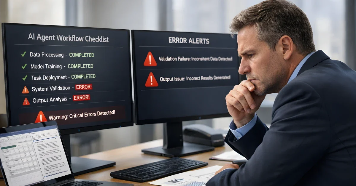 A professional reviews AI agent task results on multiple computer screens in an office setting.