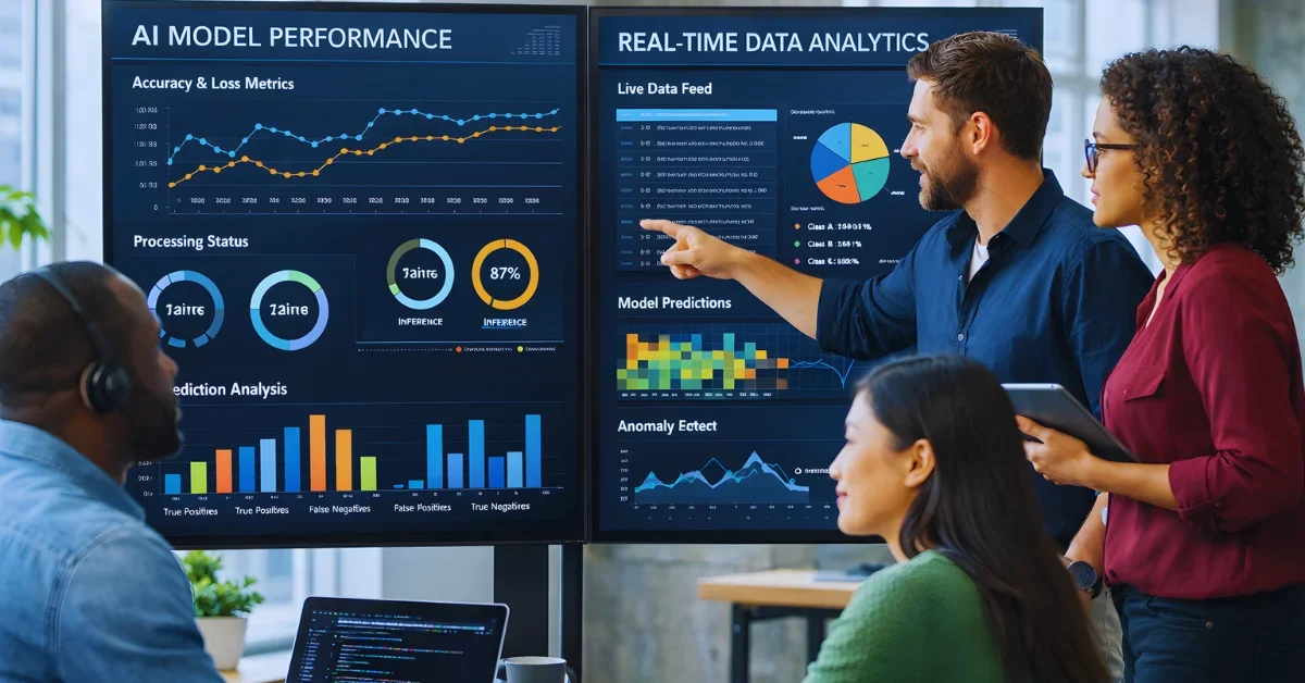 Tech startup team analyzing AI model performance dashboards in a modern office environment.