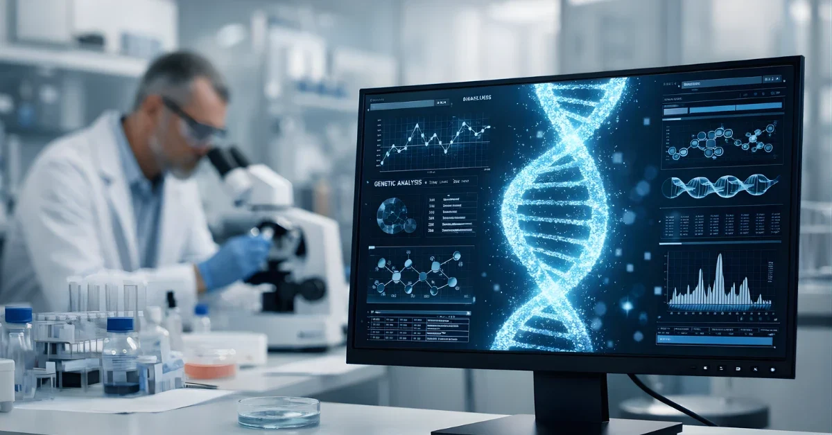 A modern biomedical laboratory scene with a DNA double helix displayed on a computer screen and a scientist working in the background.