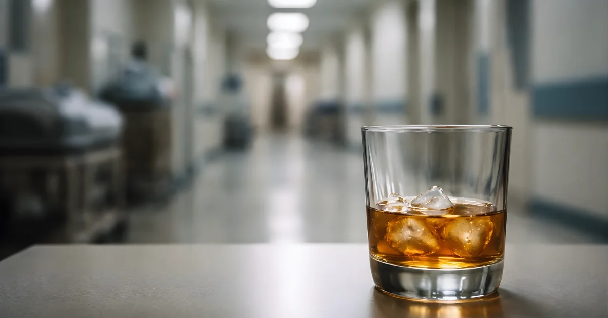 A glass of alcohol on a table with a blurred hospital corridor in the background.