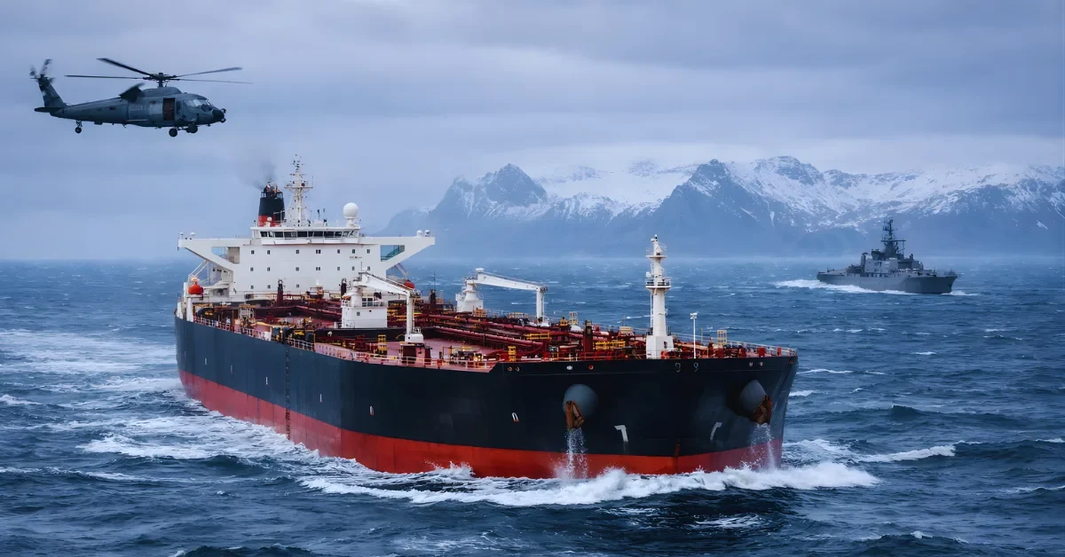Wide shot of an oil tanker at sea under grey winter skies with a helicopter and a naval vessel nearby during a maritime interdiction.