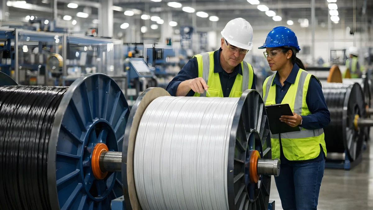 Workers inspect large spools of fiber-optic cable inside a modern manufacturing facility with industrial machinery and bright lighting.