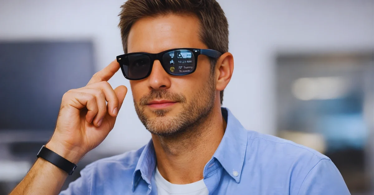Person wearing Ray-Ban-style smart glasses with a visible heads-up display and a wrist band in a modern indoor setting.