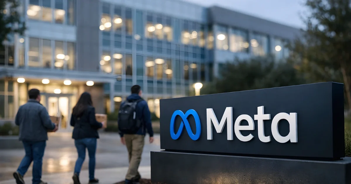 Wide exterior view of a modern office building with a Meta sign as employees walk outside carrying personal items.