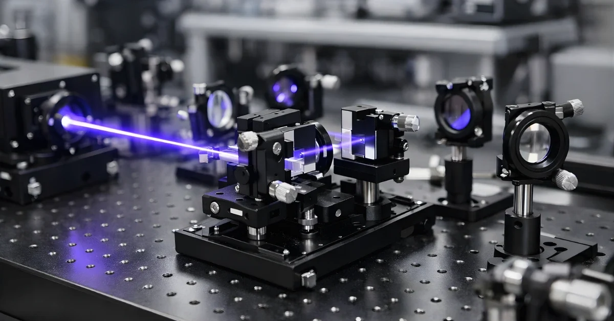 A wide view of a modern physics lab optical table with laser optics and an interferometer-style setup under bright, neutral lighting.