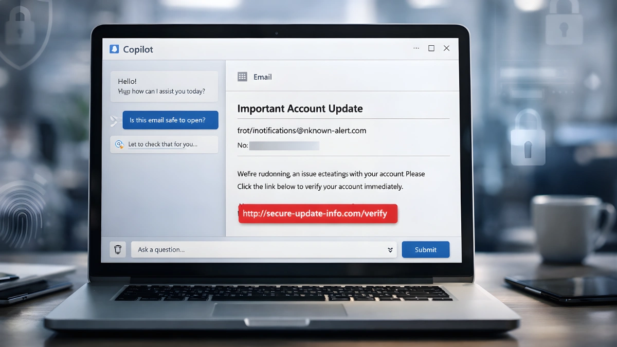 A laptop displaying an AI assistant chat window next to an email with a highlighted link, suggesting a cybersecurity risk scenario.