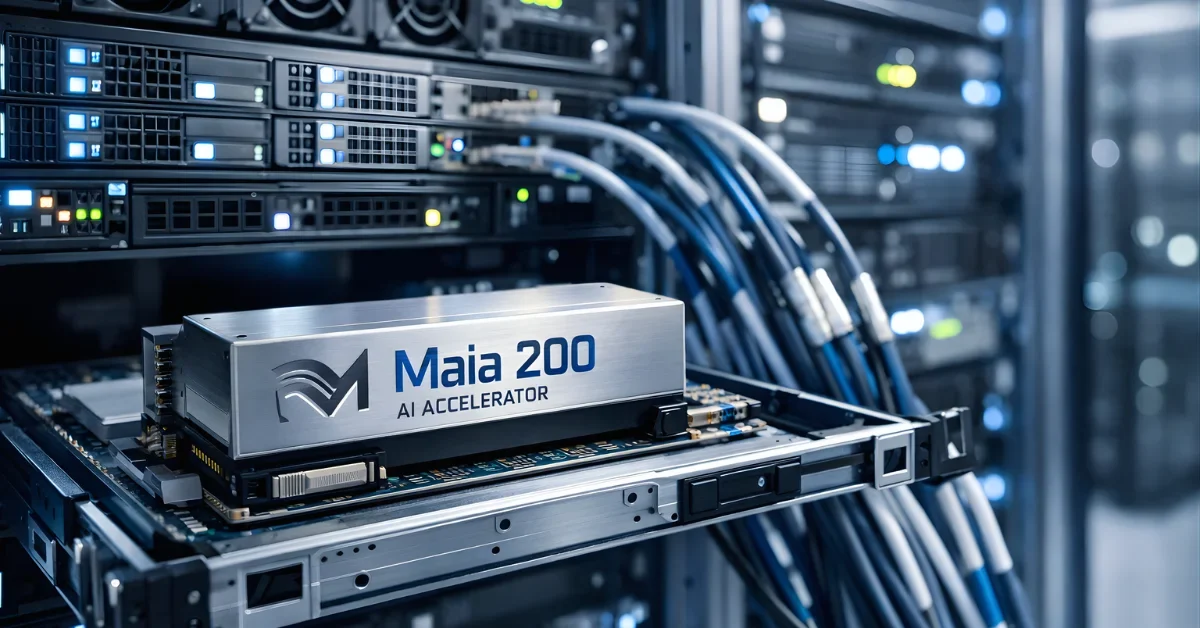 A modern data center server rack with a close-up of an AI accelerator module labeled “Maia 200,” lit in cool blue tones.