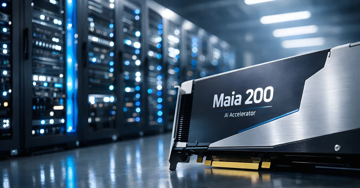 Hyper-realistic image of a modern data center with glowing server racks and a Maia 200 AI accelerator card highlighted in the foreground.