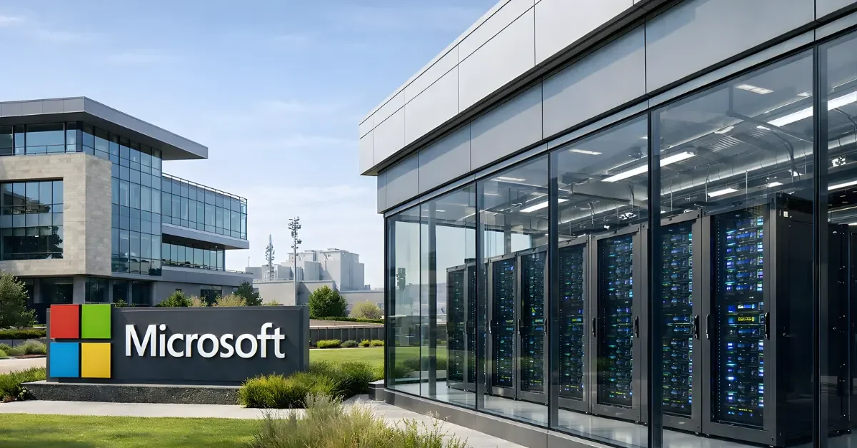 A wide news-style photo illustration of a Microsoft office campus beside a modern data center corridor with visible server racks in daylight.
