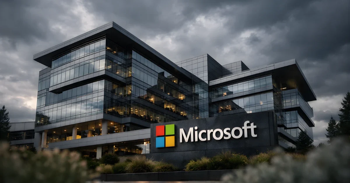 Microsoft corporate headquarters building in Redmond photographed against dramatic cloudy sky, representing stock market concerns over AI spending