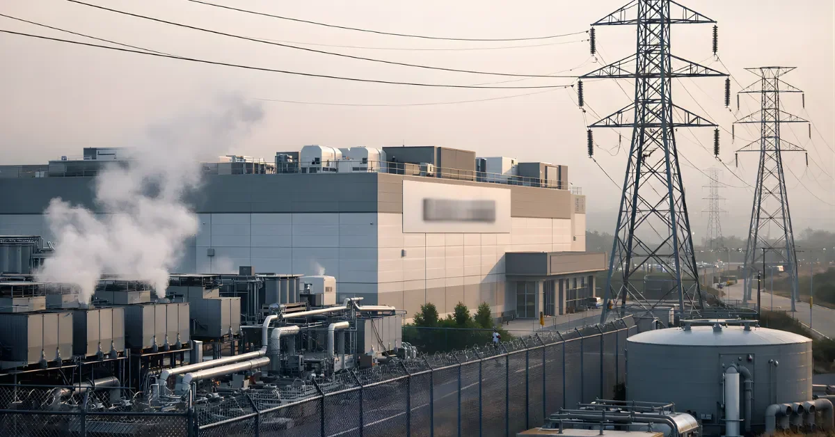 Wide exterior view of a modern data center with nearby utility infrastructure under soft morning light.