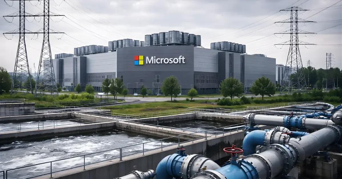 Wide view of a modern data center building with power lines and water utility infrastructure in the foreground under daylight.