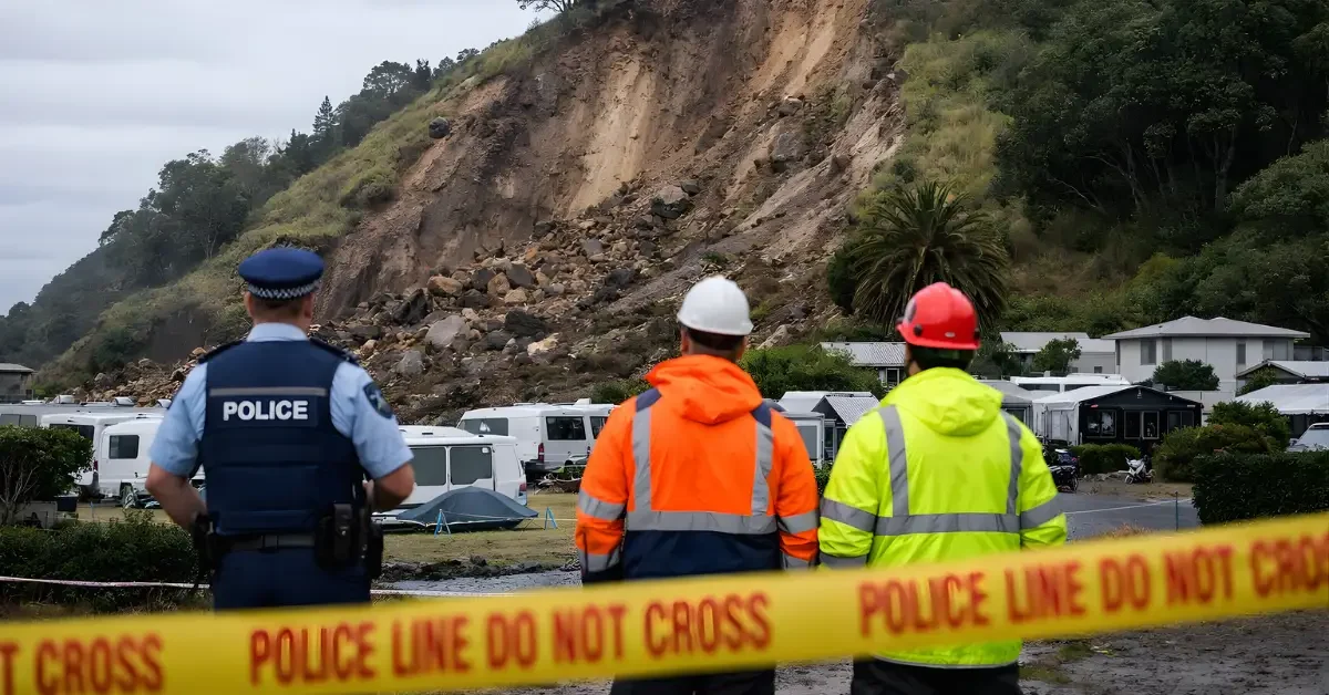 Police and recovery personnel stand near safety tape at a cordoned landslide site on a hillside near a campground in Mount Maunganui, Tauranga.