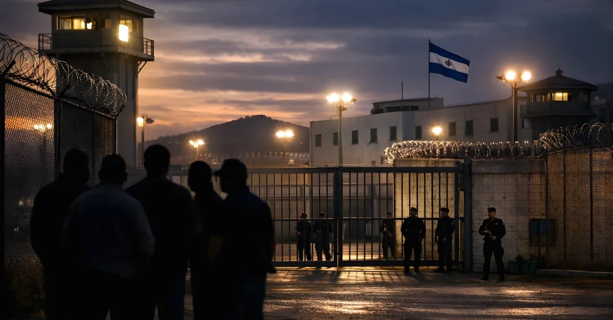 Wide shot of a prison entrance at dusk with people near the gate and guards in the background.