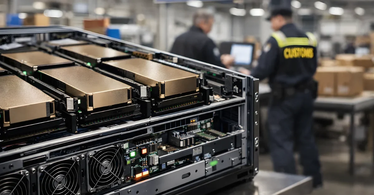 Close-up of AI server hardware with GPU modules and circuit boards in a logistics setting with a blurred customs inspection area in the background.