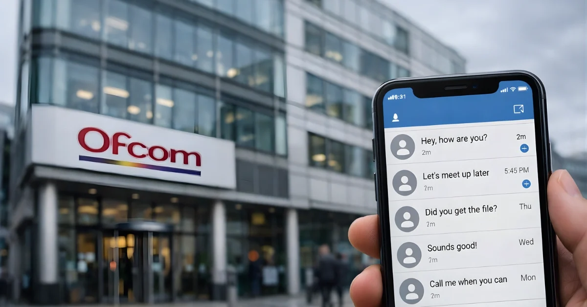 A modern office building with an Ofcom sign and a smartphone showing a generic messaging interface in the foreground.