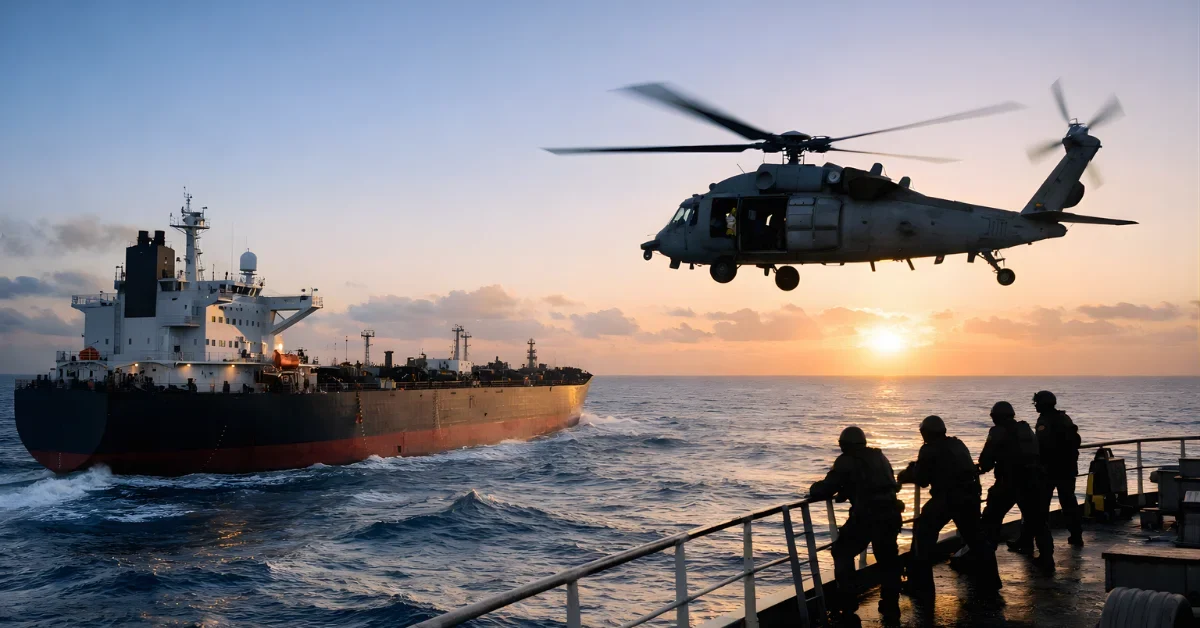 A wide view of an oil tanker at sea with a helicopter hovering near the deck in early morning light.