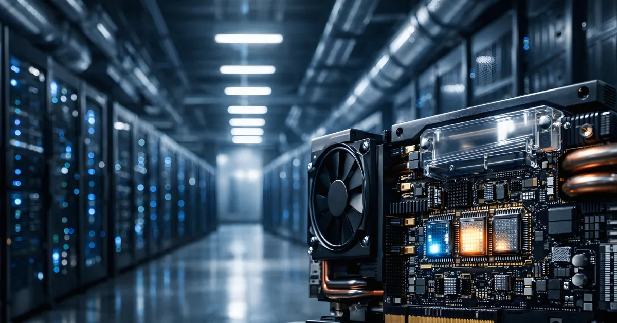 A wide view inside a modern data center with server racks and cooling systems, with advanced computing hardware details in the foreground.