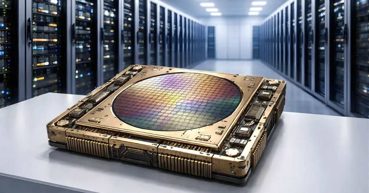A modern data center aisle with server racks in the background and a large AI chip module in the foreground on a workbench.