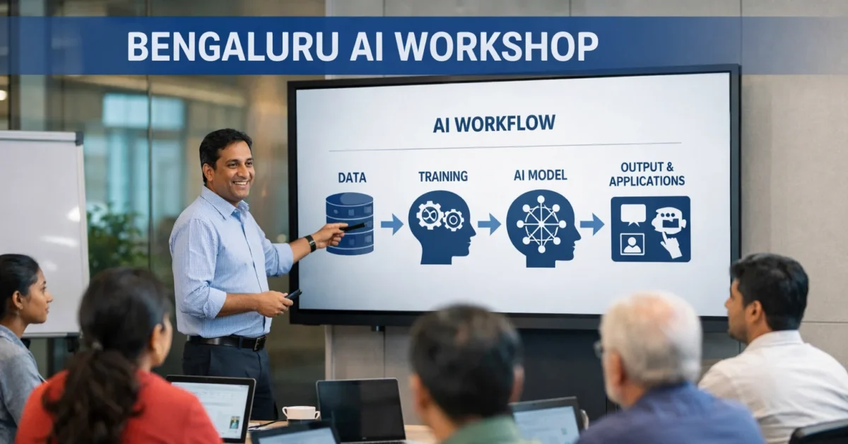 A wide shot of a Bengaluru workshop where nonprofit participants work on laptops while a presenter explains AI workflows on a screen.