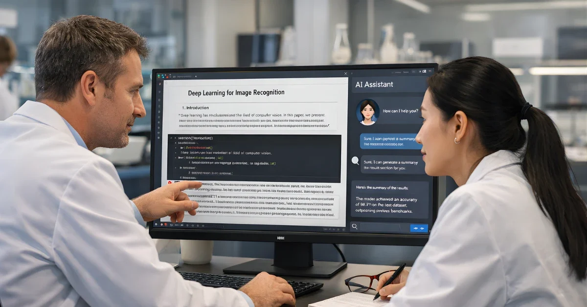 Two scientists working together in a modern office, viewing a LaTeX research document and an AI assistant interface on a large monitor.