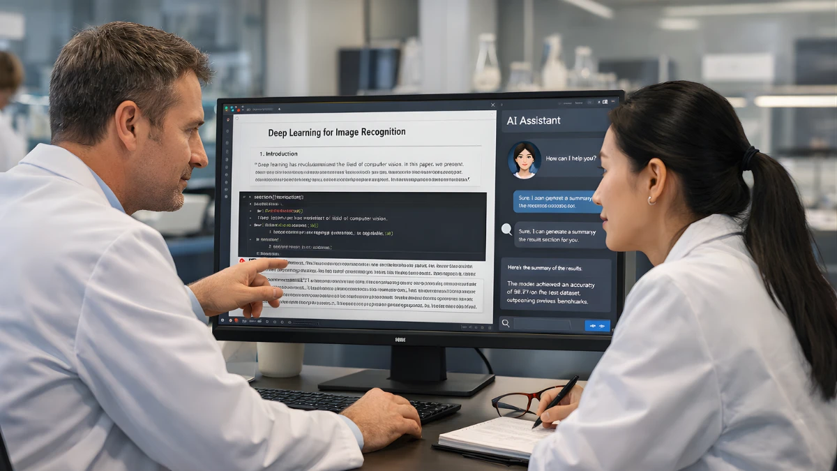 Two scientists working together in a modern office, viewing a LaTeX research document and an AI assistant interface on a large monitor.