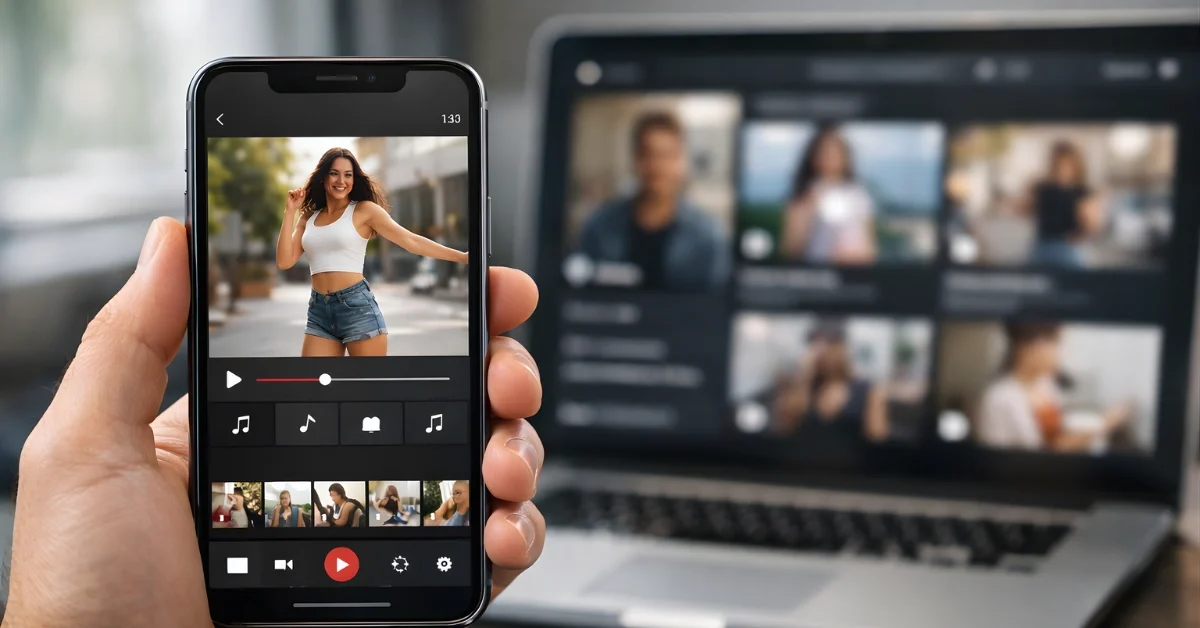 A hand holding a smartphone with a video creation app interface visible, with a blurred laptop screen in the background.