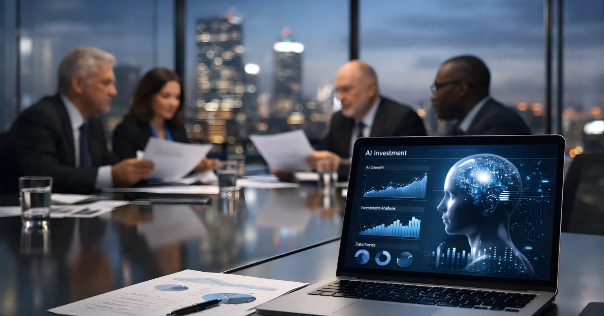 Executives in a glass conference room review documents and a laptop with an AI-themed dashboard during investment talks, with a city skyline in the background.