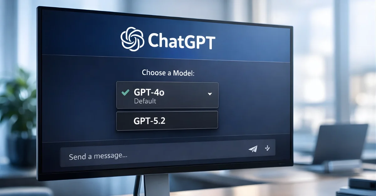 Computer monitor displaying ChatGPT interface with model selection options showing GPT-4o and GPT-5.2 in a modern office setting