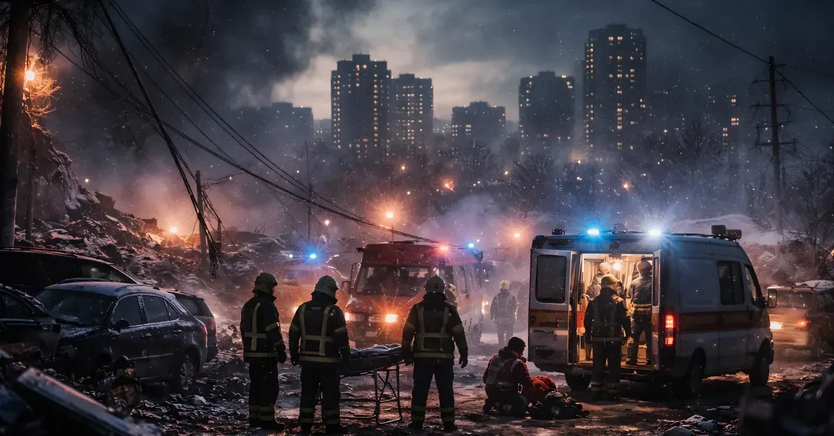 Nighttime wide shot of emergency responders near damaged infrastructure with flashing lights and light smoke in a winter setting.