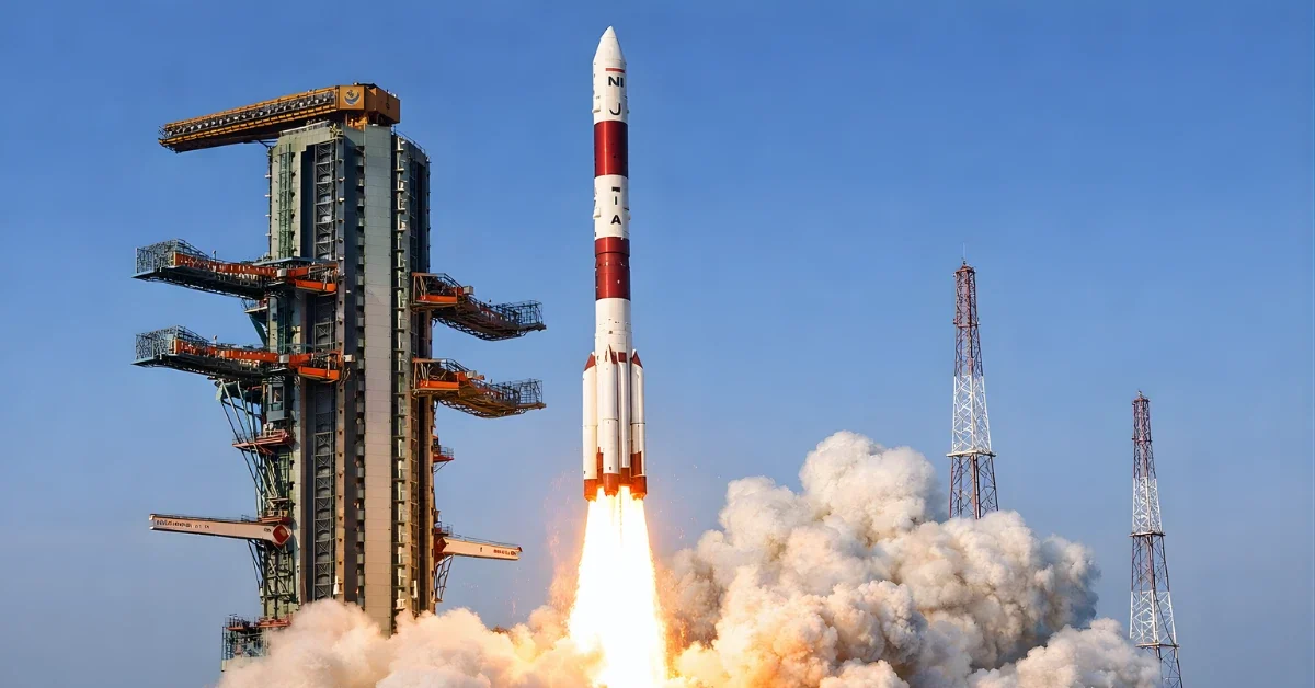 A PSLV rocket launches from a launch pad at Sriharikota, with bright exhaust flames and heavy smoke rising beneath it.