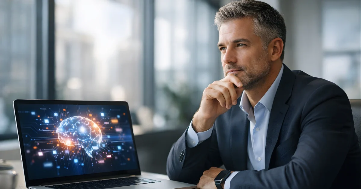 A tech executive in a modern office sits near a laptop displaying an abstract AI-style interface in soft daylight.
