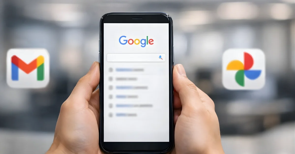 A person holds a smartphone showing a blurred Google Search screen in a modern indoor setting, with subtle Gmail and Google Photos icon elements nearby.