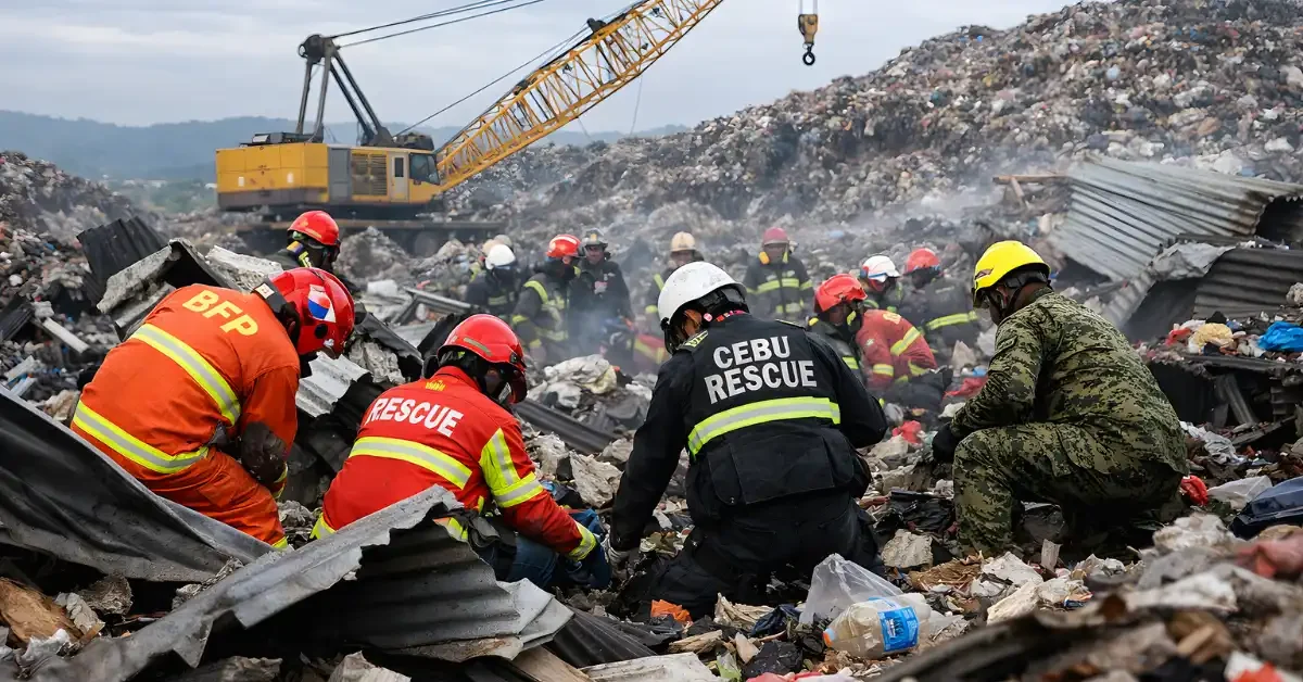 Rescue workers search debris at a collapsed landfill site in Cebu City with heavy equipment in the background.