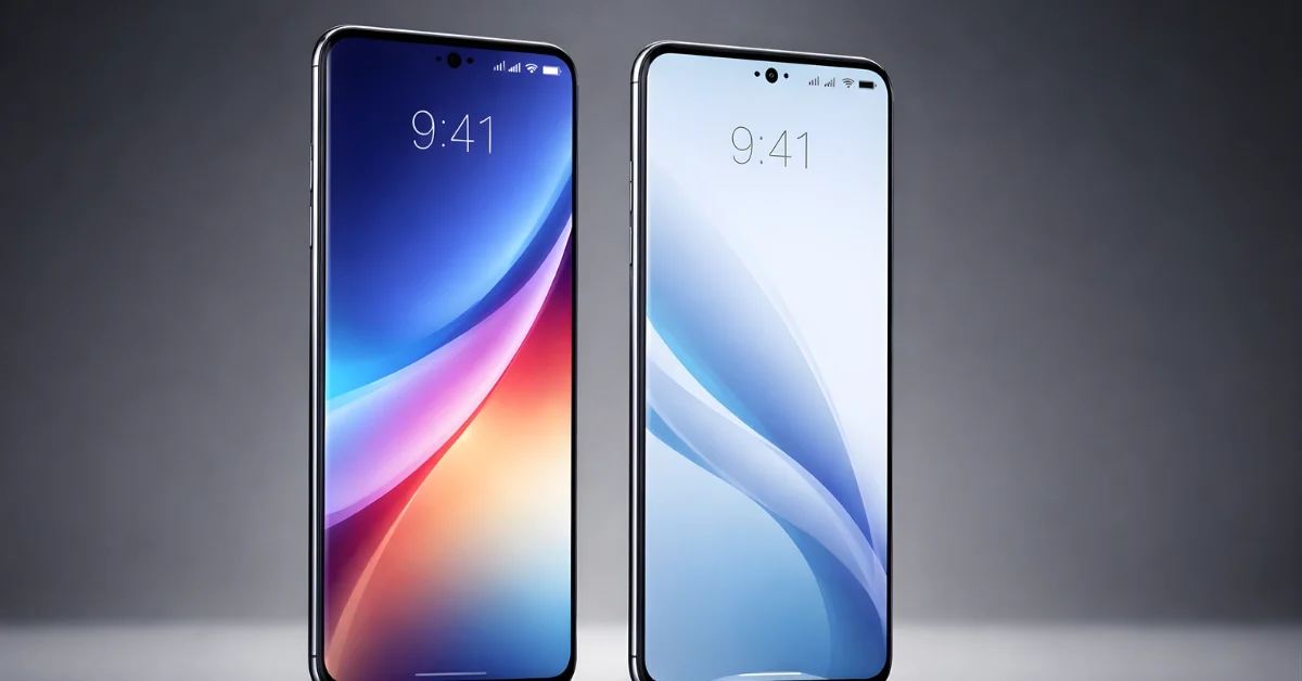 Two modern smartphones displayed side-by-side on a studio surface under soft lighting.
